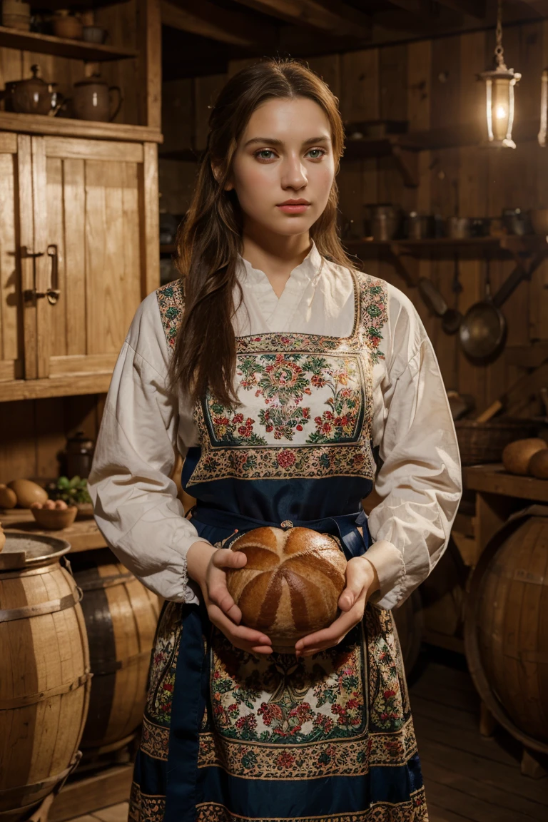 Painting of a group of women and men in traditional Russian folk clothes, holding a loaf, against the backdrop of an ancient Slavic settlement with cinematic lighting, volumetric light, bright colors, clear focus, в стиле 8 K, gaining popularity on ArtStation, extremely detailed, 8 K, Hyper-detailed, high resolution, 4k, Digital art, high resolution, движок Unreal, 4k, beautiful colors