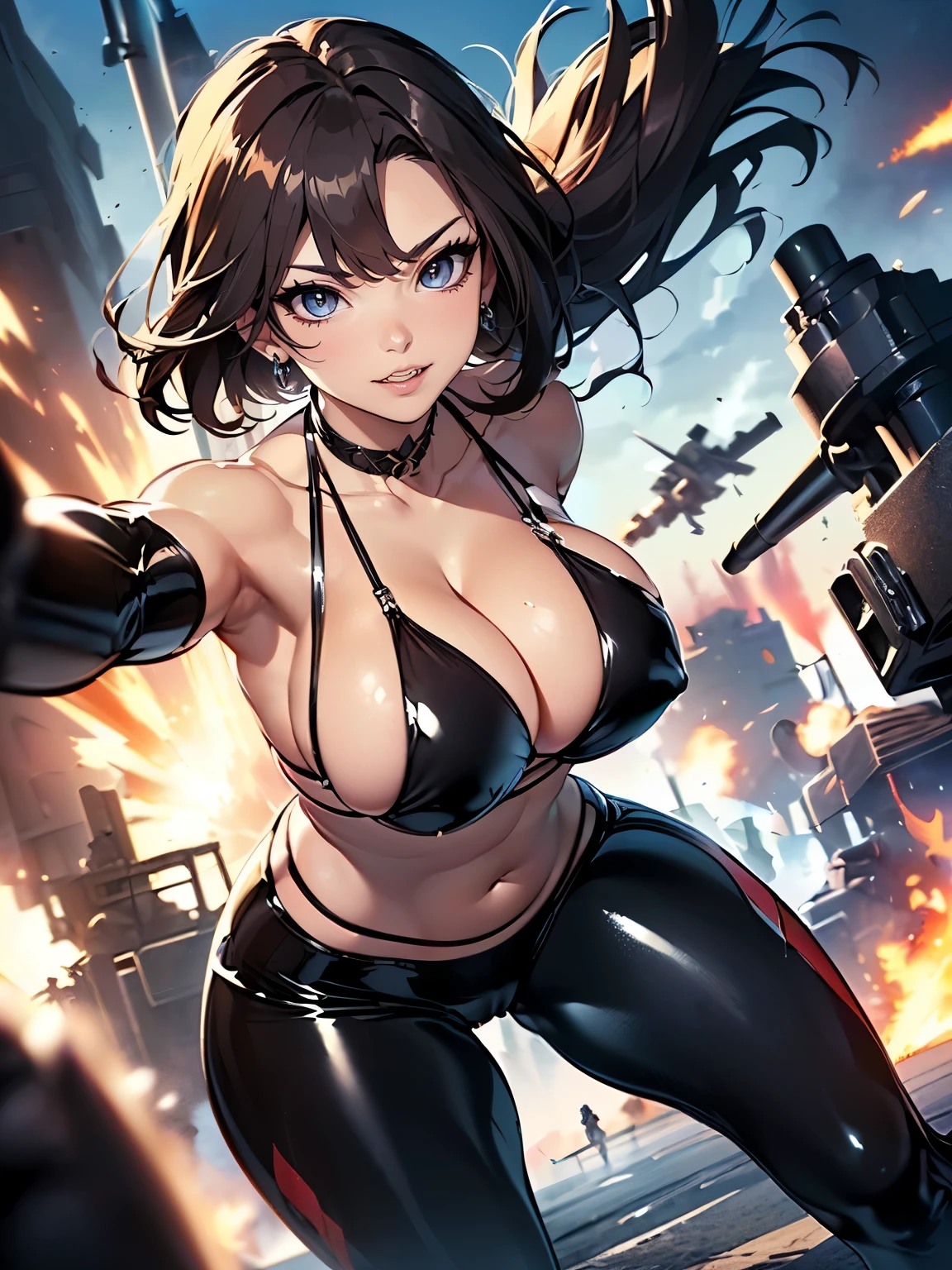 ((1 lady))、((Meticulously drawn hands:1.2))、Seductive Anime Girl, Meticulously drawn hair, Meticulously drawn eye, Precise human body structure、((Combative posing:1.2)), ((Holding a big Heavy artillery:1.6, armament:1.3))、((dynamism:1.3))、((dynamic angle:1.2))、((Being in battle field:1.2))、((latex micro bikini:1.3 crop top:1.3))、((sleeveless))、((cleavage:1.3))、((crop top navel))、((highleg:1.3))、((huge breasts:1.3))、((huge hip:1.3))、((thick thighs))、curvy、((collarbone))、((cameltoe))、((Glossy realistic skin texture))、((shiny skin))、((Meticulously drawn hands:1.2))、masterpiece, ultra-detailliert, 8k, hiquality, Top image quality, Smooth texture、watercolor