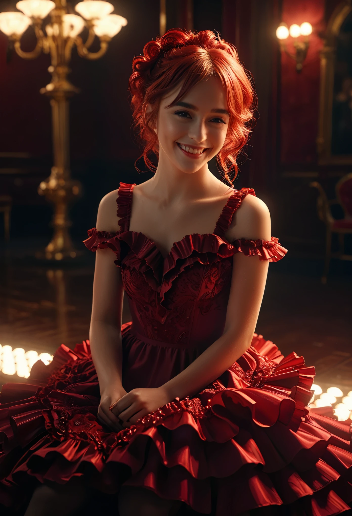 highly detailed, 8k, masterpiece, One girl, dark red frills_hair_tube, dress, bend_that's all , Grin, (perfection_face), Sitting, machine, Brilliant, Complex, Dramatic lighting, 4K, detailed_background, Caustics, full_body, (Surreal:1.3), bloom,(Beautiful lighting:1.3), Caustics, Dynamic Lighting, Beautiful lighting, (Dakota Fanning:0.5) 