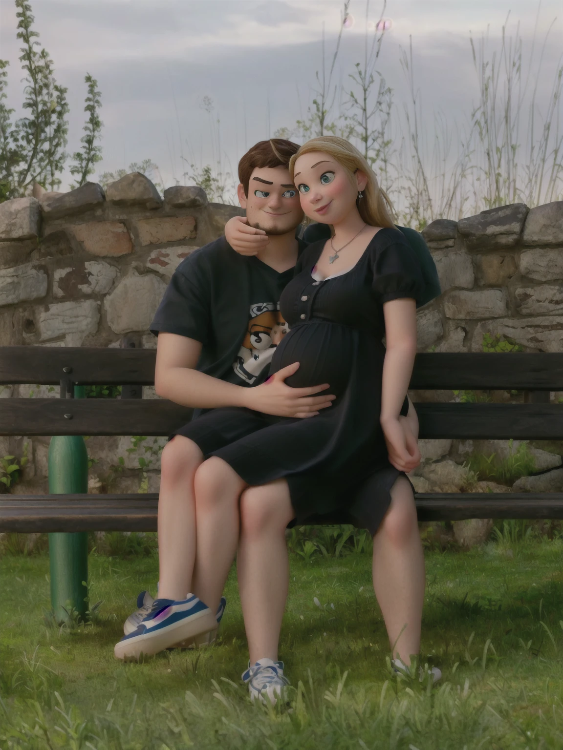 (pixarstyle: 1.25), there is a man and woman sitting on a bench together, pregnant, pregnancy, photo portrait, photoshooting, couples portrait, portrait image, portrait picture, couple portrait, couple pose, by Jan Konůpek, maternity feeling, maternal photography 4 k, sitting on a bench, vacation photo, bench, couple, lovely couple
