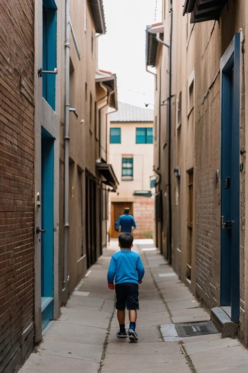 A boy walking in an alley and a young man with a bicycle in his hand

