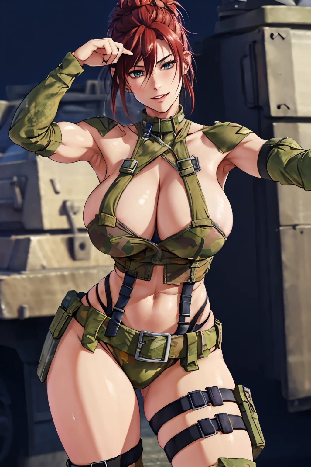 Beautiful alluring scifi soldier woman, wet oily sweaty dirty Skin, wearing skimpy scifi metal armor with camo patterns, carrying a toolcase on a belt at her waist, topless, in front of a tank on a battlefield, toned muscels, abs, Bare Skin, Athletic Well Toned Body, Elegant Form, dieselpunk, Beautiful D&D Character Portrait, Fiverr Dnd Character, Octane Render, Digital Art, Extreme Detail, 4k, Ultra Hd, Polished, Beautiful, Hyperdetailed, Intricate, Elaborate, Meticulous, Photorealistic, Sharp Focus, Wlop, Character Design, Unreal Engine, 3d Rendered, Volumetric Lighting, Reflections, Glossy, Digital Illustration,Sensual Pose, Suggestive Pose, Full Body Shot, Lewd, beautiful perky breasts, visible breasts, anatomically correct ,💖❤💕💋❣,