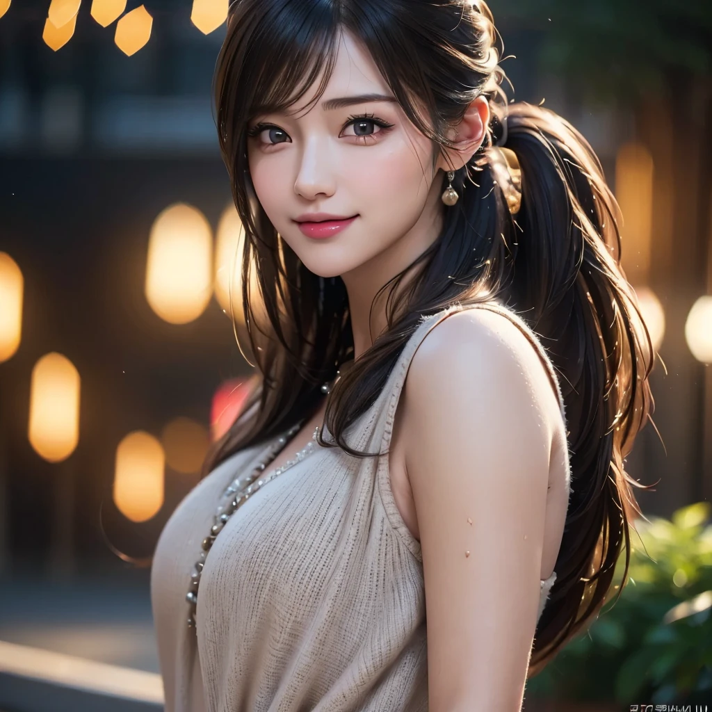 A gorgeous milf, smiling shyly with rosy cheeks, medium length hair in ponytail, hot casual sexy outfit, lover, outdoor, dating, intimate, detailed face, beautiful eyes, lush lips, intricate hairstyle, warm lighting, soft focus, photorealistic, cinematic composition, romantic atmosphere, (best quality,4k,8k,highres,masterpiece:1.2),ultra-detailed,(realistic,photorealistic,photo-realistic:1.37),HDR,UHD,studio lighting,ultra-fine painting,sharp focus,physically-based rendering,extreme detail description,professional,vivid colors,bokeh,portrait