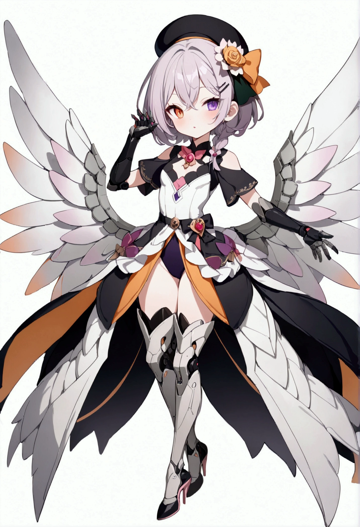 woman 160 cm tall, slim build, , charming look, ((heterocromia: look like, derecho naranja y look like izquierdo violeta)), (gray and pink wavy shoulder length hair, He has a short braid on the left side of his hair on his chest., big open bangs, has a gear hairpin on the left side of the hair), (((complex mechanical legs up to the hip, The legs are black with gray parts with small pink details))), (((complex mechanical arms up to the elbows, The arms are black with gray parts with small pink details))), (complex mechanical angel wings of white color with dark gray parts), elegant black French beret with an orange rose ribbon, (elegant thigh-length one-piece dress, bell skirt, short sleeves, elegant black hip belt with orange parts, small rose brooch in the middle of the chest, beautiful stiletto heels, blue and black ribbon decorations on the dress, (((character design sheet: Front view))), ((Whole body)), extremely detailed beautiful hair, beautiful detailed dress, extremely detailed arms, extremely detailed face, (Extremely detailed hands), perfect hands, small face, hermosos look likes detallados, beautiful detailed lips, adorable, extremely detailed legs, (Best Quality, 8k, High resolution), ultra detailed, Exquisite and epic character art, ((White background)), (Focus on symmetry).