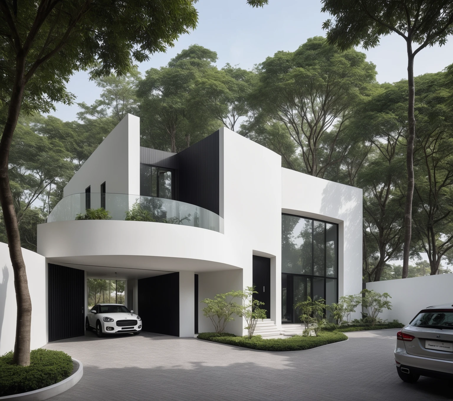 ,a modern one-story house with a minimalist design, (very small house: 1.2) ,((with a facade less than 4 meters wide:1.2)), white and glass materials, wood, large floor-to-ceiling glass windows, tropical plants and trees. (house as the showroom mini furniture:1.2), front view, elevation viewRAW photo, a photo of a modern house, (curvilinear archrchitecture:1.4), Wabisabi style rounded wall, white wall, steel black gate, sidewalk, sidewalk trees, ((grey gate:1.2)), road, viet nam modern residence, ((architectural shot)), rough white wall, new residential area, wide angle exterior 2022, contemporary house, exterior photography, masterpiece, contemporary architecture, overcast, indirect lighting