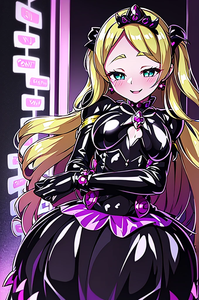 cure flora, 1 girl, blonde hair, black hair ornament, (gothic ****ta:1.3), black skirt, black tiara, wrist cuffs, black gloves, (black gothic dress:1.3), low bat wings, black fur, blush cheeks, black enamel boots, corruption, half-closed eyes, Jewelry, no pupils, (evil smile), (shiny fabric:1.5) open mouth, dark magical girl