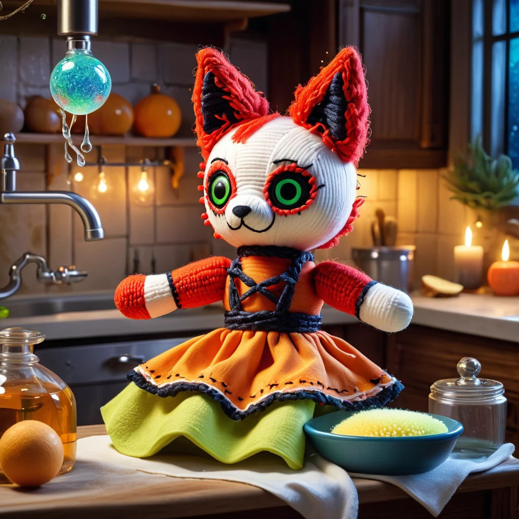 (knitted toy voodoo doll:1.7), (Voodoo Fox Dancing in Abandoned Theatre:1.3), (Clothing: tattered ballet costume with dark patterns:1.0), (Accessories: enchanted ballet shoes, glowing sinister stage lights:1.2), (background: decaying theatre with floating, glowing spectral curtains and eerie mist:1.2), best quality, masterpiece, detailed soft oil painting, detailed background, dramatic cinematic lighting, soft edge lighting, professional, dramatic lighting, hard edge lighting, ultra quality, 4k,masterpiece, best quality, 8k, ultra highres, highres, extremely detailed