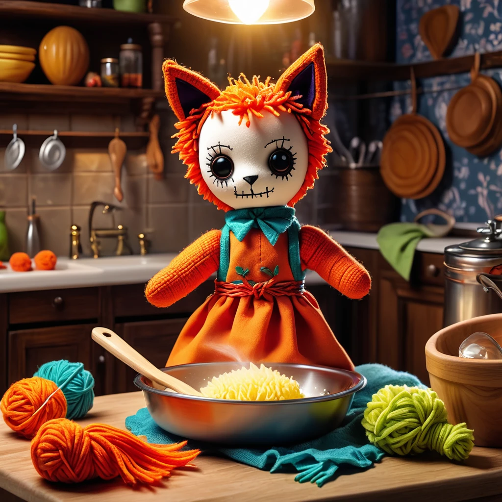 (knitted toy voodoo doll:1.7), (Voodoo Fox Washing Dishes:1.3), (Clothing: apron with leaf patterns:1.0), (Accessories: enchanted sponge, glowing dish soap:1.2), (background: cozy kitchen with floating bubbles and mystical light:1.2), best quality, masterpiece, detailed soft oil painting, detailed background, dramatic cinematic lighting, soft edge lighting, professional, dramatic lighting, hard edge lighting, ultra quality, 4k, masterpiece, best quality, 8k, ultra high definition, high resolution, extremely detailed