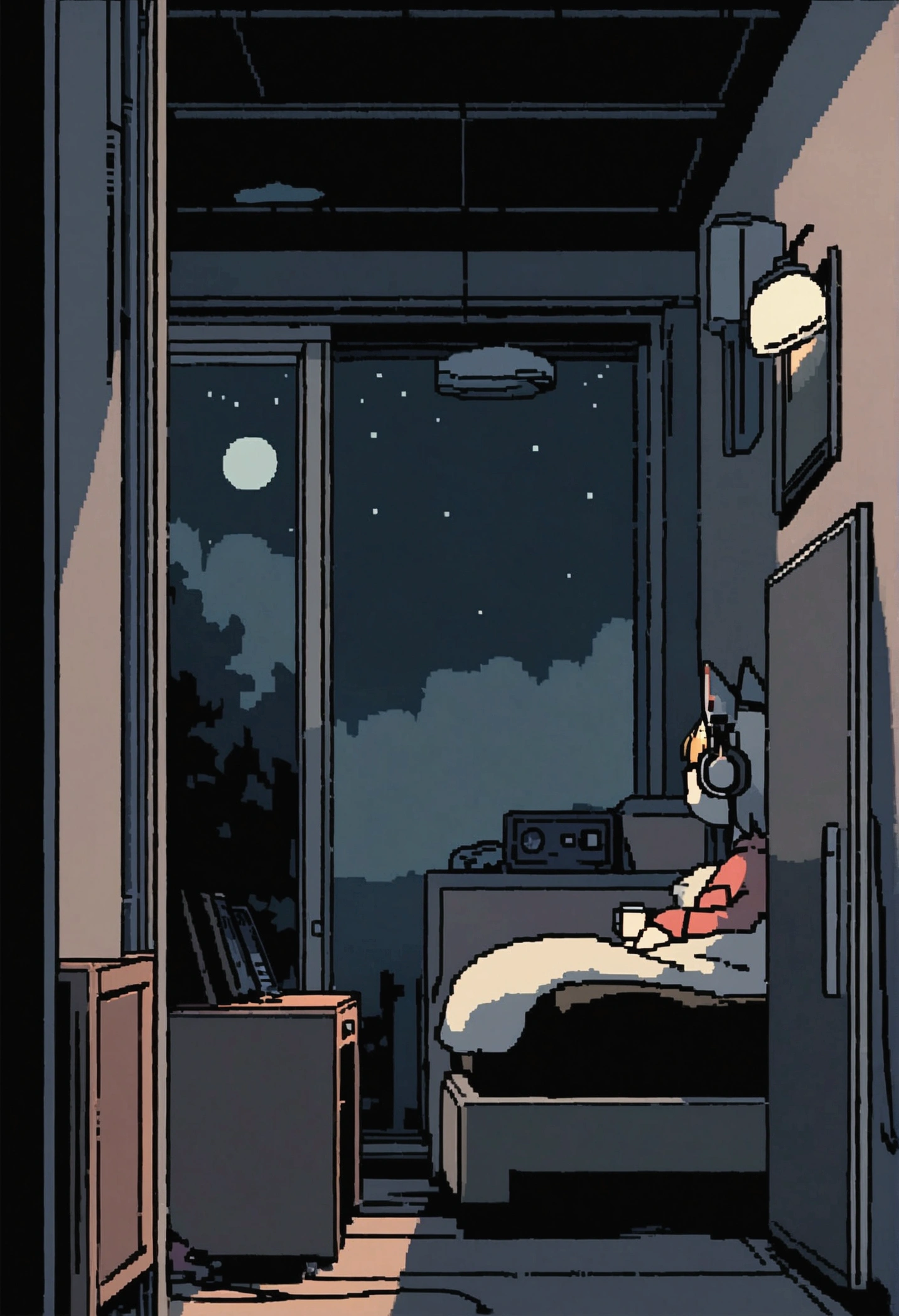 night、Cat listening to music in a cozy room, Cat using headphones, 2D-style animations, Lo-Fi, (High resolution), Dark Environment