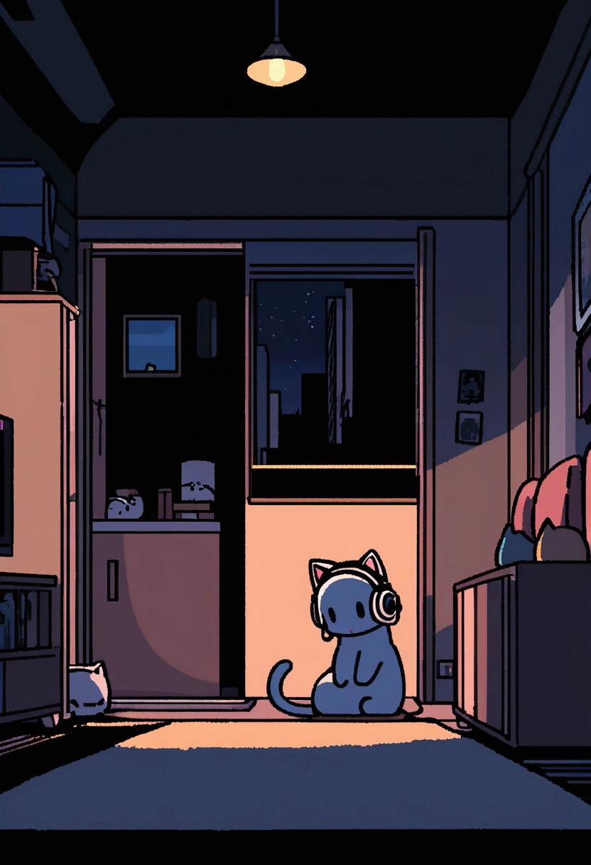 night、Cat listening to music in a cozy room, Cat using headphones, 2D-style animations, Lo-Fi, (High resolution), Dark Environment