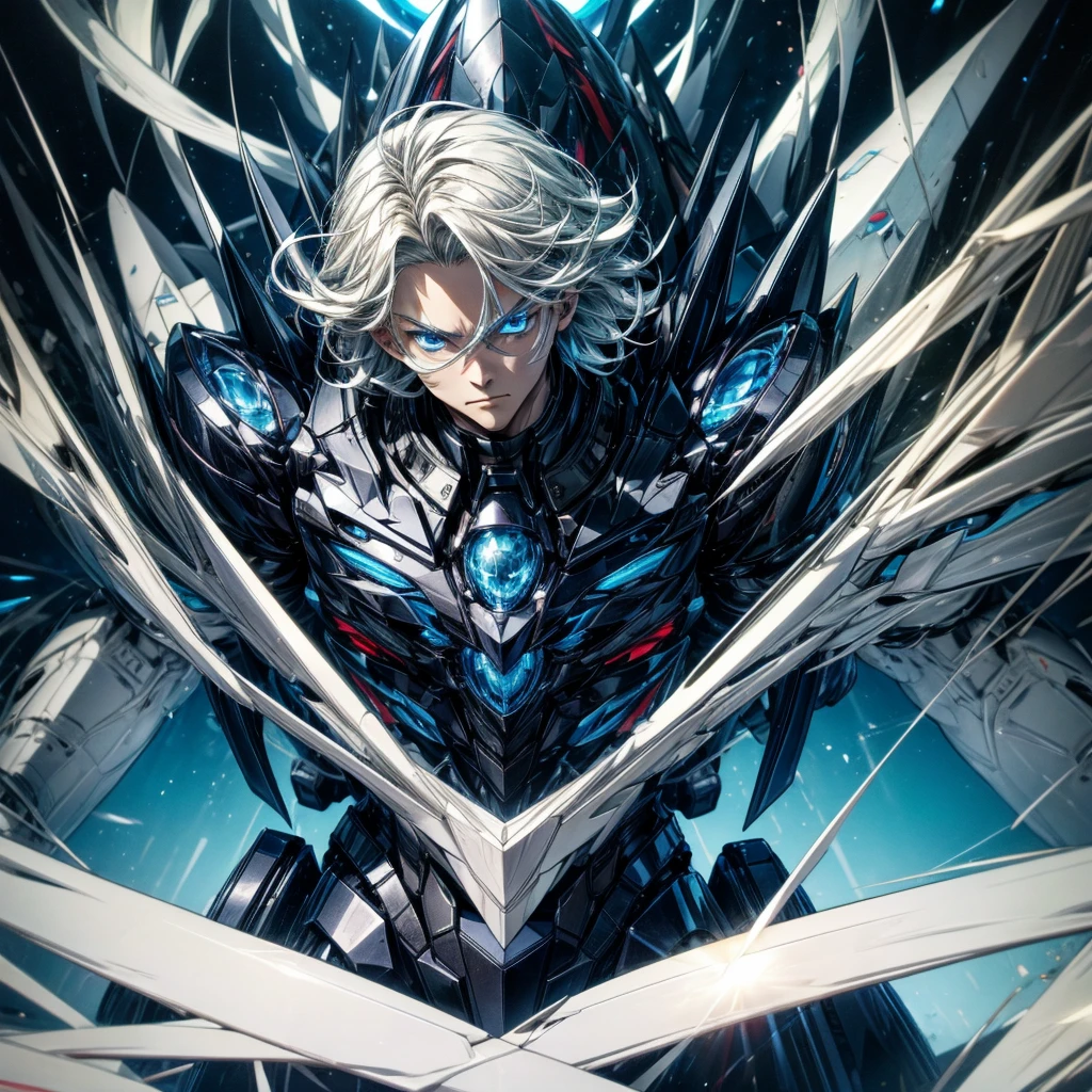 Grown-up guy, pearlescent hair, blue eyes, dark clothes, killer,short hair