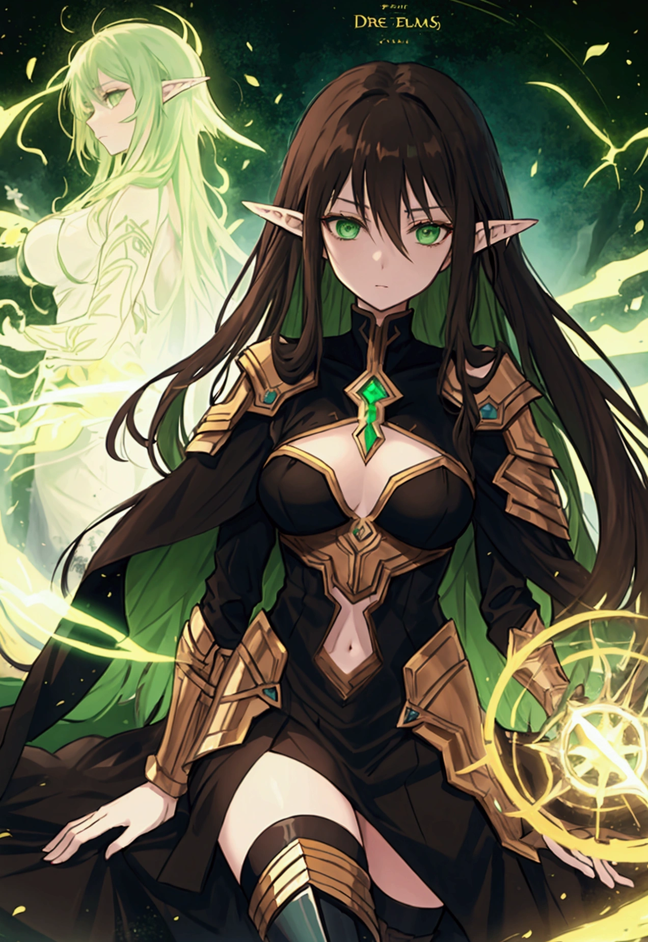Dreams of Elysium title, dark fantasy, elven woman with long brown hair, dressed in black, green eyes, "dreams of elysium" written in runic font, akame ma kill draw style