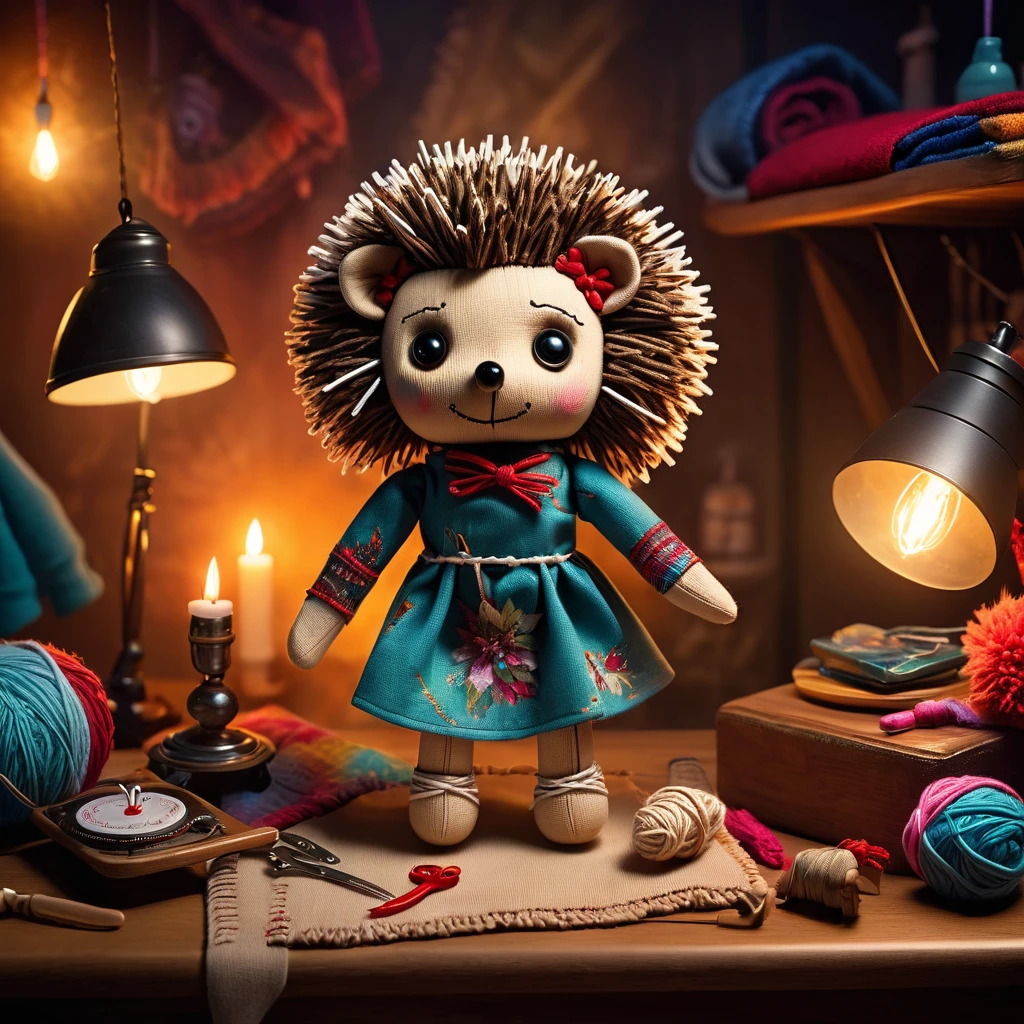 (knitted toy voodoo doll:1.7), (Voodoo Hedgehog Ironing Clothes:1.3), (Clothing: cozy outfit with fabric patterns:1.0), (Accessories: enchanted iron, glowing ironing board:1.2), (background: cozy room with floating, glowing steam and magical light:1.2), best quality, masterpiece, detailed soft oil painting, detailed background, dramatic cinematic lighting, soft edge lighting, professional, dramatic lighting, hard edge lighting, ultra quality, 4k, masterpiece, best quality, 8k, ultra high definition, high resolution, extremely detailed