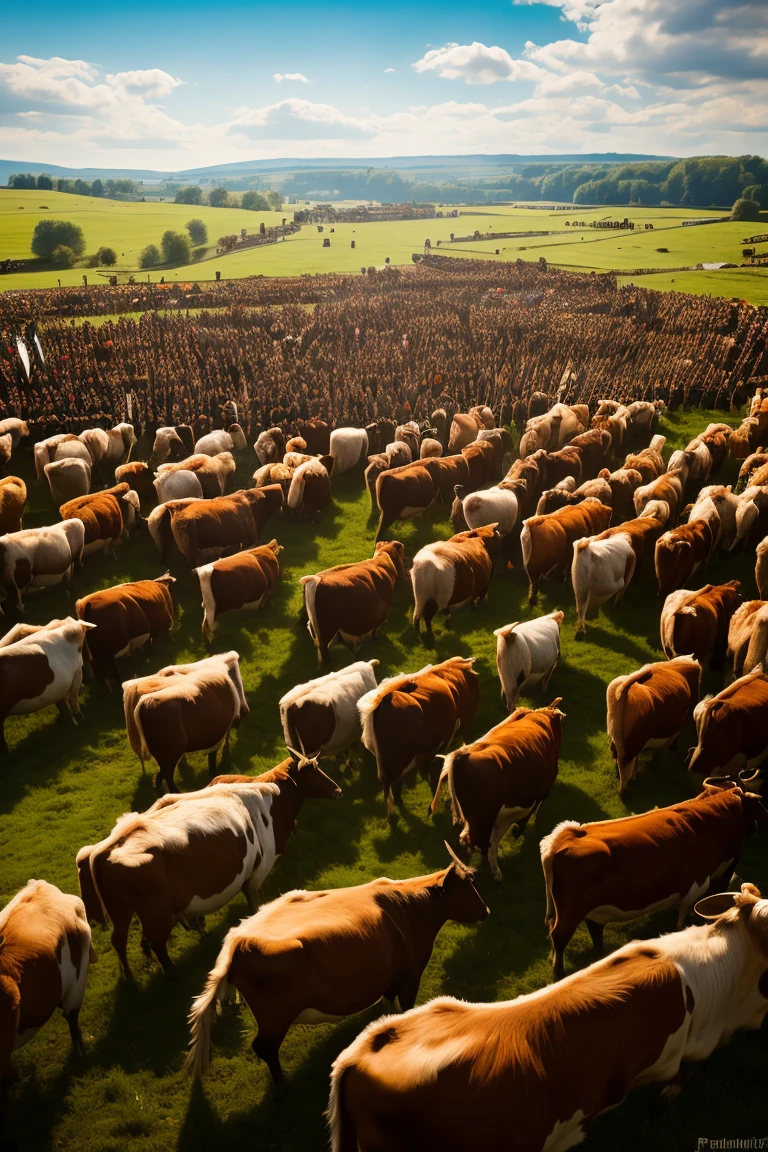 painting of a group of people, standing around cows in a field, ancient Slavs, large crowds of peasants, Vytautas Kassulis, Viking culture, Slavic orcs in the steppe, Tibor Renьi, Slavic traits, by Roman Bezpalkiv, Early Middle Ages, Slavic mythology, author: Gyorgy Vastag