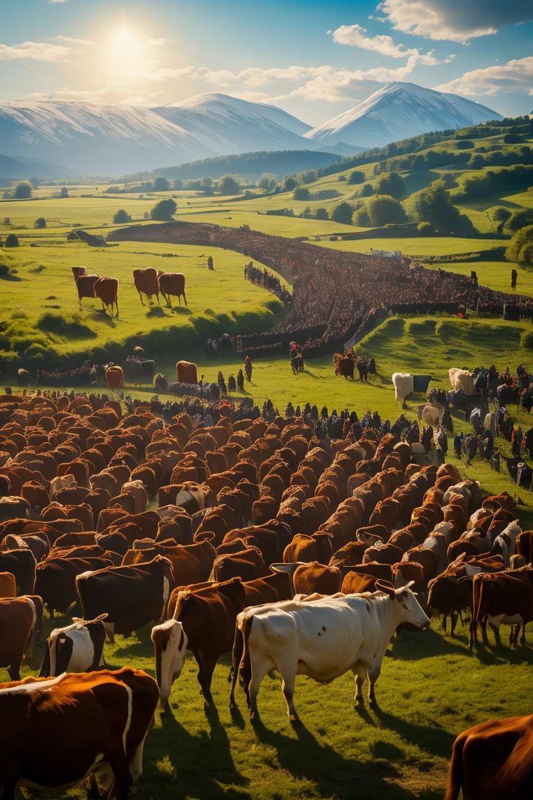 painting of a group of people, standing around cows in a field, ancient Slavs, large crowds of peasants, Vytautas Kassulis, Viking culture, Slavic orcs in the steppe, Tibor Renьi, Slavic traits, by Roman Bezpalkiv, Early Middle Ages, Slavic mythology, author: Gyorgy Vastag