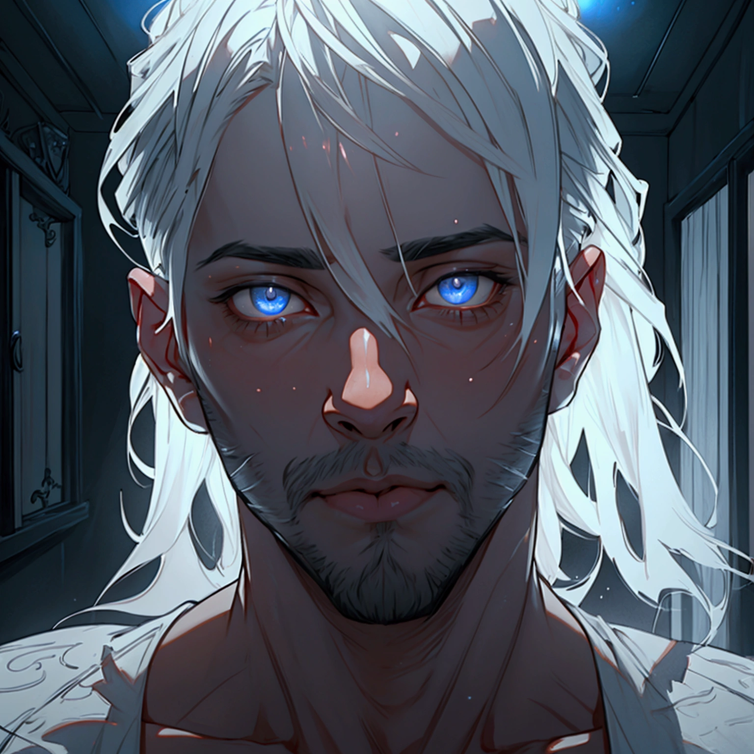 a sexy male ghost, nearly naked, transparent skin, cute face, light beard, inside a house, detailed face, beautiful eyes, detailed lips, extremely detailed, longeyelashes, dramatic lighting, cinematic, moody atmosphere, hyper realistic, 8k, highres, masterpiece, photorealistic