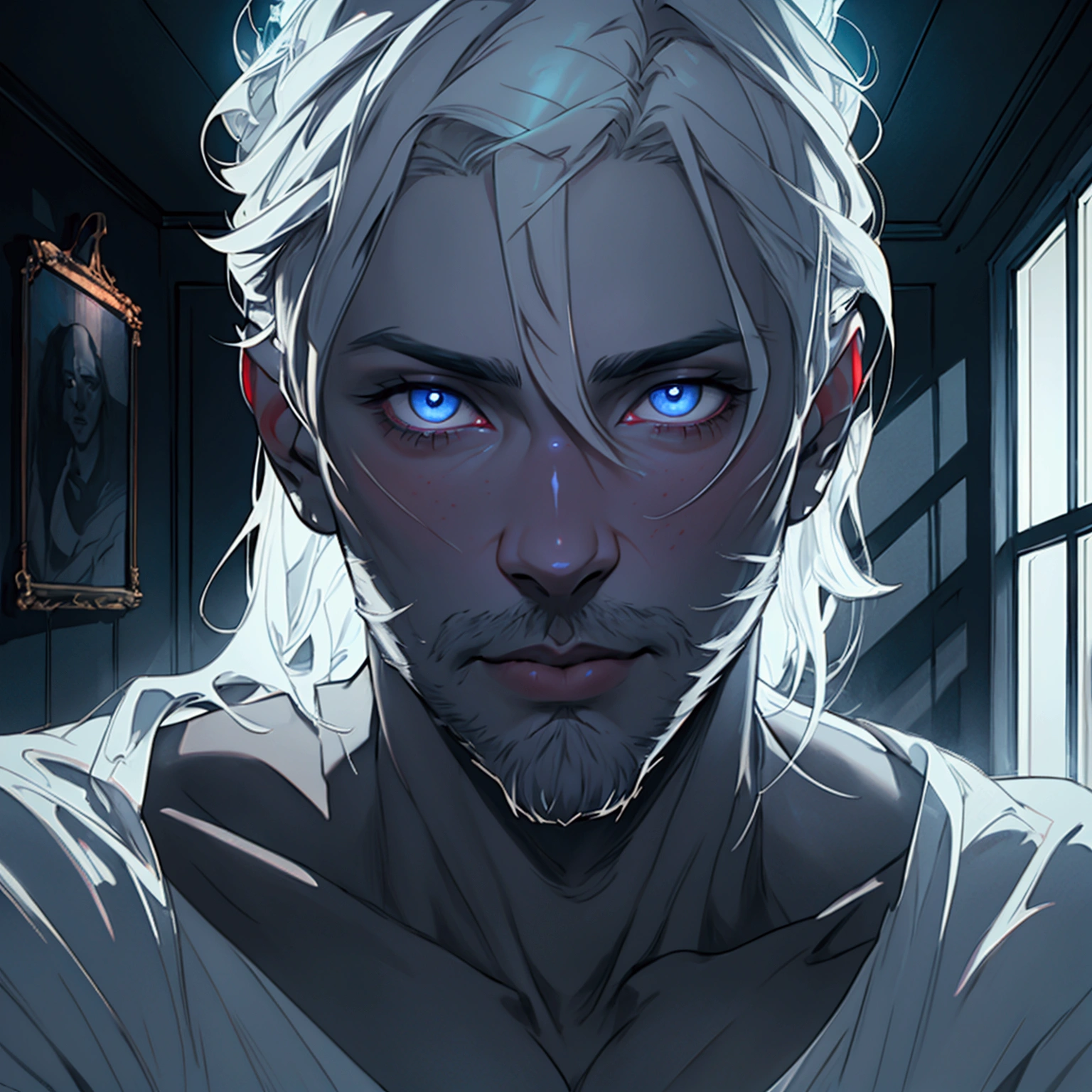 a sexy male ghost, nearly naked, transparent skin, cute face, light beard, inside a house, detailed face, beautiful eyes, detailed lips, extremely detailed, longeyelashes, dramatic lighting, cinematic, moody atmosphere, hyper realistic, 8k, highres, masterpiece, photorealistic