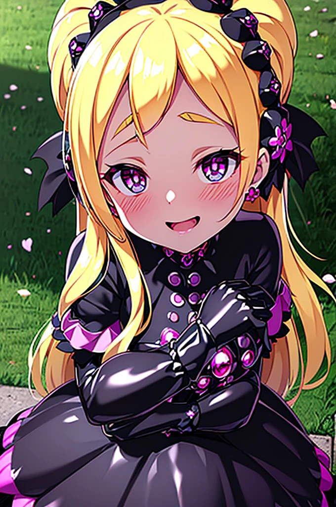 cure flora, 1 girl, blonde hair, black hair ornament, (gothic ****ta:1.3), black skirt, black tiara, wrist cuffs, black gloves, (black gothic dress:1.3), low bat wings, black fur, blush cheeks, black enamel boots, corruption, half-closed eyes, Jewelry, no pupils, (evil smile), (shiny fabric:1.5) open mouth, dark magical girl