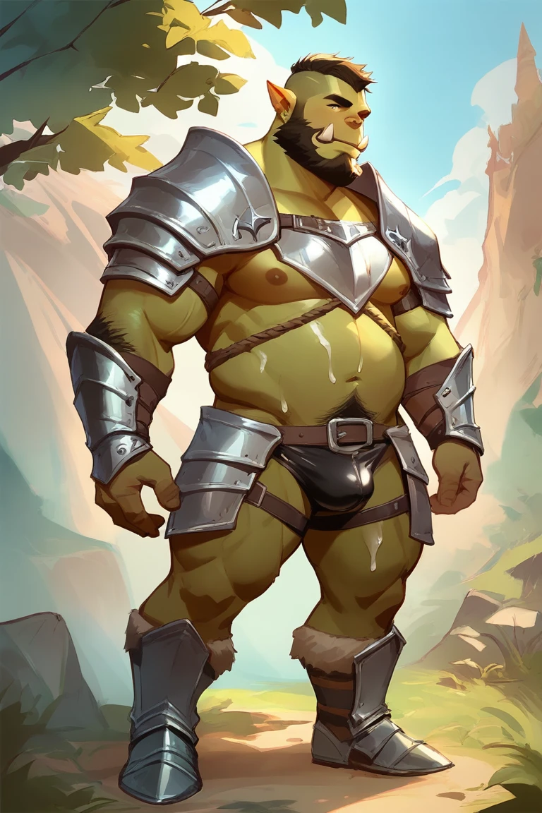 score_9, score_8_up, score_7_up, solo, male focus, fat male, orc, green skin, tusks, beard, outdoors , day, micro armor , armor boots , (( black micro tight shorts )) , full body , His body was wet with cum , shibari