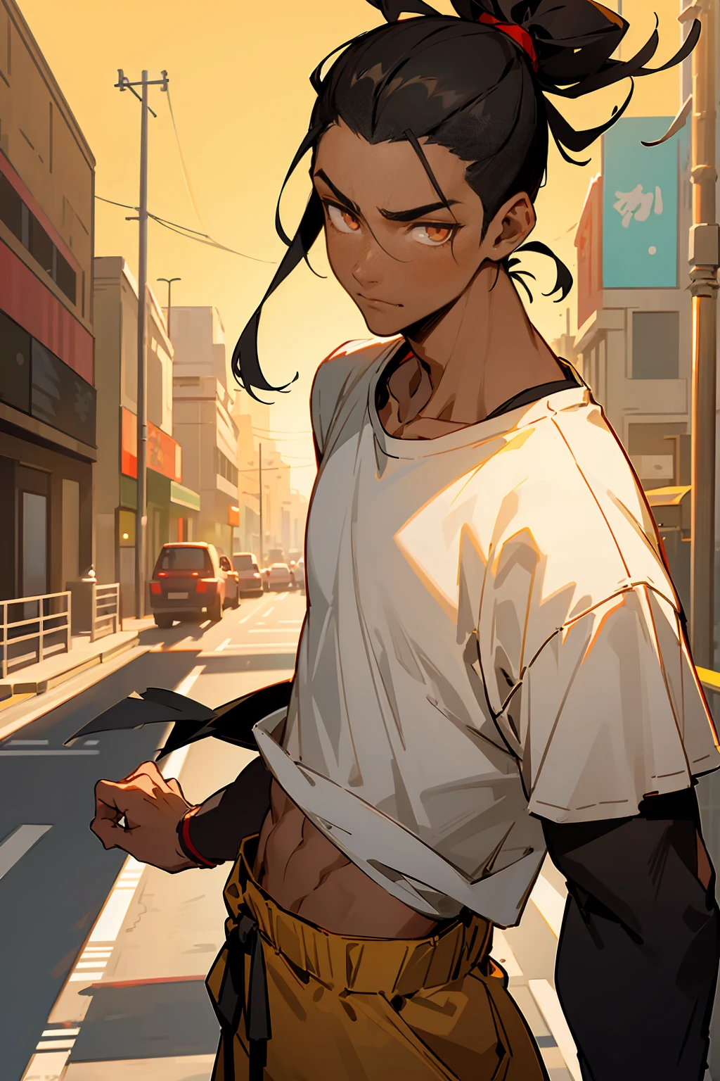 1male, teenager, black hair, man bun, topknot, bright golden eyes, calm expression, white t-shirt, black joggers, red jordans, dark skin, caramel skin, black skin, standing on street, hands to side, city background, detailed background, buildings, streets, stores, detailed face, facing viewer