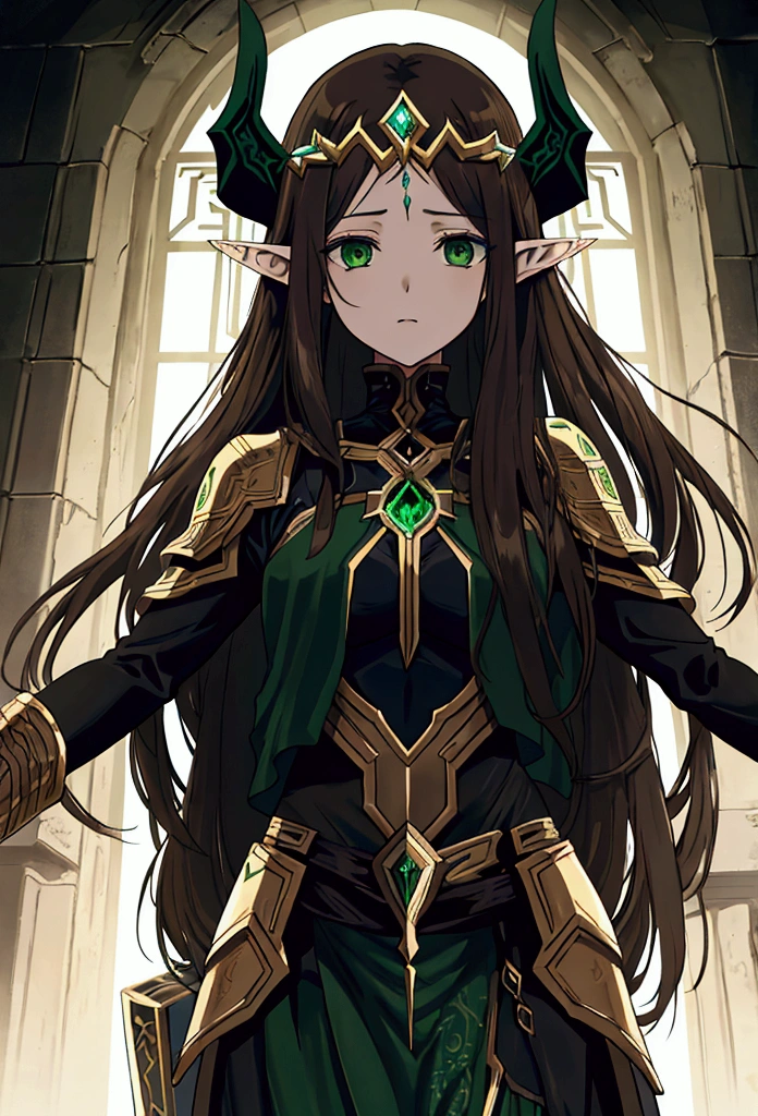 Dreams of Elysium title, dark fantasy, elven woman with long brown hair, dressed in black, green eyes, "dreams of elysium" written in runic font