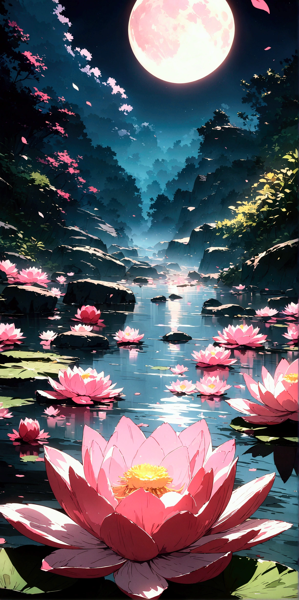 cinematic, (masterpiece), (best quality), (ultra-detailed), very aesthetic, illustration, perfect composition, intricate details, absurdres, (anime, masterpiece, intricate:1.3), (best quality, hires textures, high detail:1.2), (4k),(incredibly detailed:1.4)sss,
subsurface scattering,
hot spring, mist, rocks, Peony, glittery mist, moonlight, sky, lots of stars in the sky, water reflections of the night sky, lotus floating on water with candle, flower petals in the water, moon in the sky, Anime art style, 