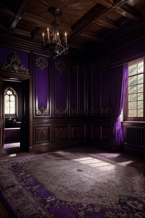 Room in the house from the horror movie Rose Red, victorian mansion, aisle, luxury, extravagant, never, lovely, baroque and excessive decoration, delusional, terrifying, Winchester mansion. Purple and violet tones