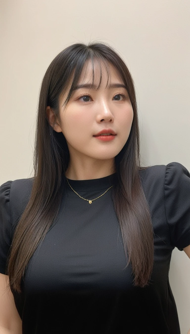 Best Quality, 8k, Masterpiece, (Portrait: 1.3), (photo realistic:1.4), (hyper realistic:1.4), Sharp Focus, looking at viewer, (smoother lighting:1.1), (increase cinematic lighting quality:0.9), realistic lighting, backlighting, light on face, ray trace, (brightening light:1.2), (Increase quality:1.4), sharp detail, (best quality real texture skin:1.4), finely detailed eyes, black_eyes, finely detailed face, 25 year old Korean woman