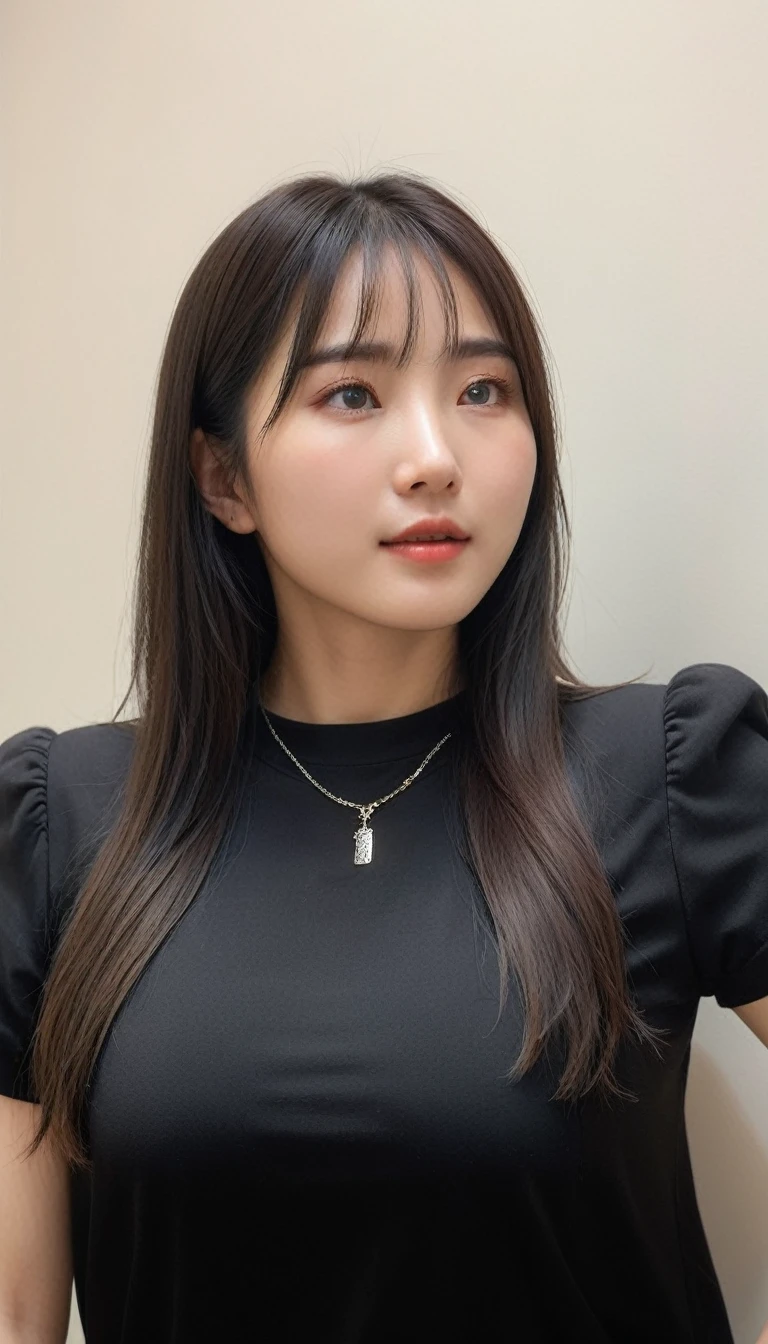 Best Quality, 8k, Masterpiece, (Portrait: 1.3), (photo realistic:1.4), (hyper realistic:1.4), Sharp Focus, looking at viewer, (smoother lighting:1.1), (increase cinematic lighting quality:0.9), realistic lighting, backlighting, light on face, ray trace, (brightening light:1.2), (Increase quality:1.4), sharp detail, (best quality real texture skin:1.4), finely detailed eyes, black_eyes, finely detailed face, 25 year old Korean woman