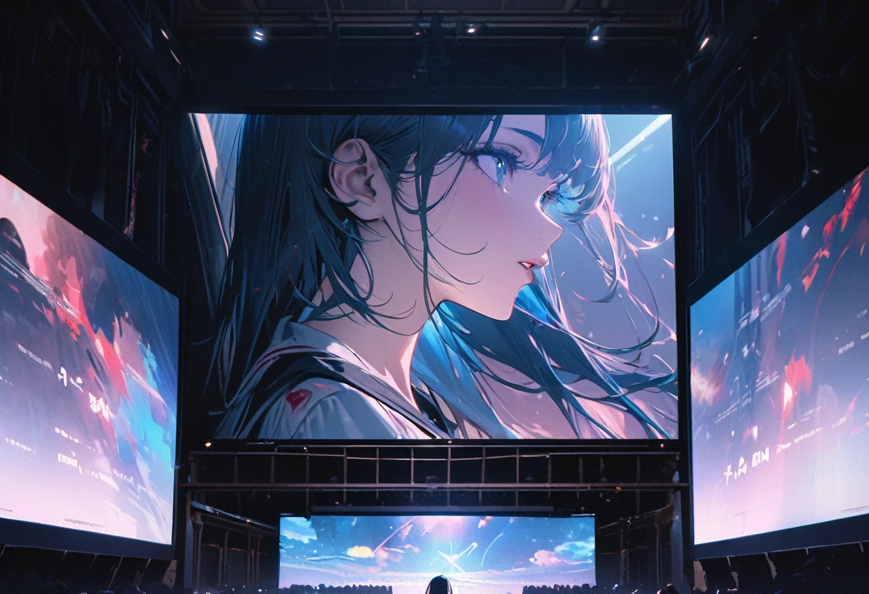 (Projection onto a cinema screen, hyper realistic style), (in cinema screen Word message Visible of "1111"), break, double exposure sadist girl in screen, BREAK, perfect anatomy, masterpiece, best quality, 16k, beautiful detailed cinema, daydreaming expression.