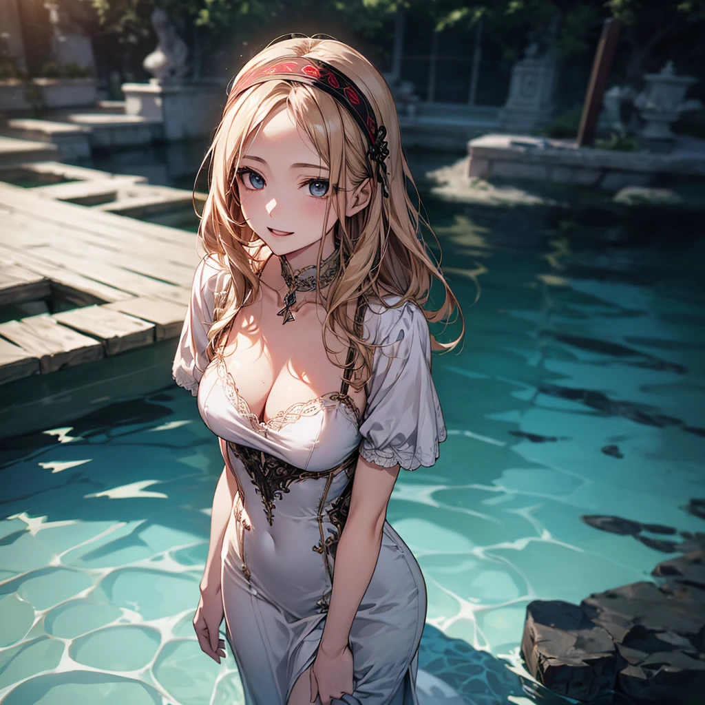 (Biologically correct limb count)、Full body, including face、4K、masterpiece、Focus on the face、Well-proportioned facial features、Delicate descriptive eyes、Beautiful woman、Excellent style、(head band、red gothic dress、High heels)、(smile)、(Close-up photo of the upper body)、look up、Photos with white borders、Looking into the camera、Standing on the surface of the water、
