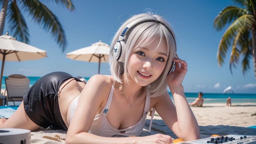 (ultra - detailed, 16K resolution, Cinema lenses, rendering by octane), (high resolution:1.18), intricate detail, (masterpiece:1.1), (highest quality:1.1), (1girl, portrait, white hair, blue eyes, short hair, detailed eyes),Wearing silver DJ headphones, sequined T-shirt, (in the beach:1.5), (Iconic hip-hop pop costumes:1.3), Smile while DJing on stage, DJ studio next to the beach, ((A stylish DJ stage on a hill overlooking the beach)), full body shot, Photorealistic photography by Sunshine, (cute round face:1.3), perfect fingers, five fingers, beautiful hands, perfect hands. master peace, cute smile, Fixhand.