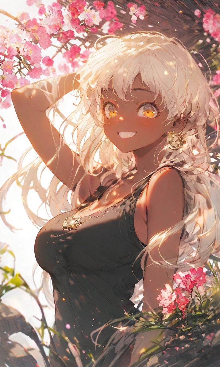 Highest quality,Yellow Eyes,White Hair,Shoulder length hair,25-year-old woman,Wearing a tank top,A cheerful smile,Gal Peace,Big Breasts,Brown skin