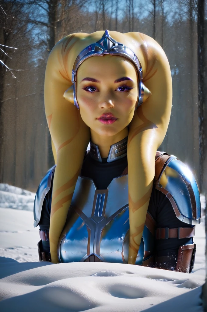 a ((fall body)) ((female twi'lek ))mandalorian,walking on snow, beautiful detailed eyes, beautiful detailed lips, extremely detailed face, long eyelashes, mandalorian armor, sci-fi, cinematic lighting, dramatic, epic, intricate details, hyper-realistic, 8k, high-quality, photorealistic