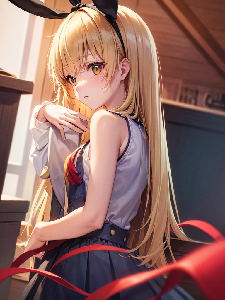 (masterpiece, best quality, highly detailed, ultra detailed, high resolution, absurdres, 4K, 8K:1.2), 
BREAK,shimakaze uniform:1.5, 10 years GIRL,Blonde_HAIR,(RED Ribbon on HAIRband:1.2)