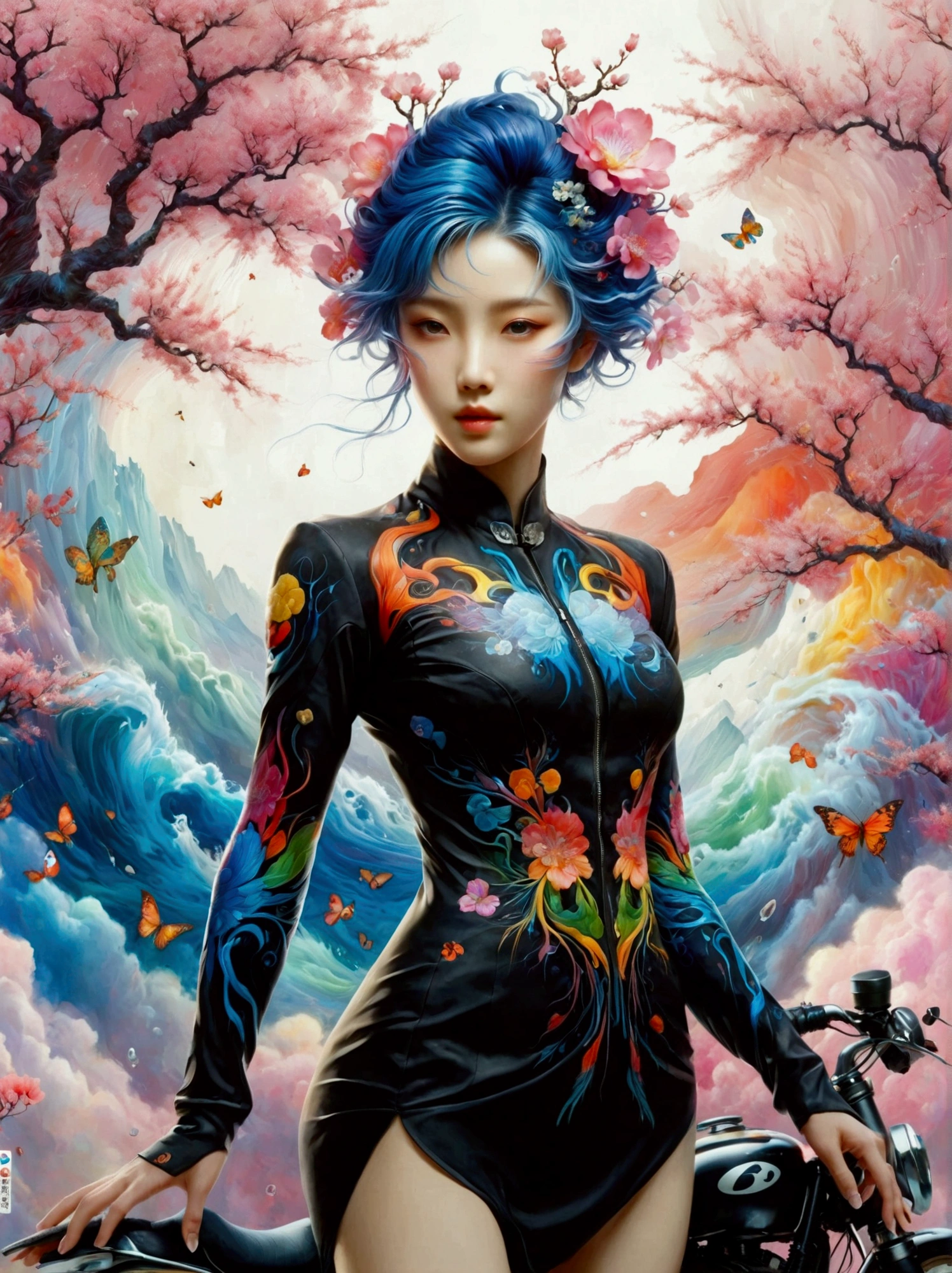 ((Imagine))，((whole body))，1 girl, Wearing a black cheongsam，Arms and Legs，手持电动步枪的Cyberpunk美女，Standing under a cherry tree with pink flowers in full bloom，（Mechanical ceramic high heels:1.5 ），Empty mountain motorcycle style oil painting，in the style of futuristic，Cyberpunk，High Detail, Top quality，Official Art，(Aesthetics and aesthetics:1.2)，(Fractal Art:1.3)，(Facial features of Korean girls:1.8)，(Front view:1.9)，(以广角镜头拍摄whole body的顶级摄影师作品:1.5)，Looking at the audience，(Rainbow hair，Hair color，Half blue and half pink hair:1.2)，masterpiece，Best quality，Anatomically correct，Textured Skin，Super Detail，8k，high resolution，Vibrant colors, Thick Line, wave, Multi-layer, prospect, view, fractal thunder dan mumford , Dan Mumford and Alex Grey Styles, Inspired by Cyril Rolando，Psychedelic Surreal Art, Surreal psychedelic design, Dream Art Style,  Psychedelic Art, Infinite psychedelic waves