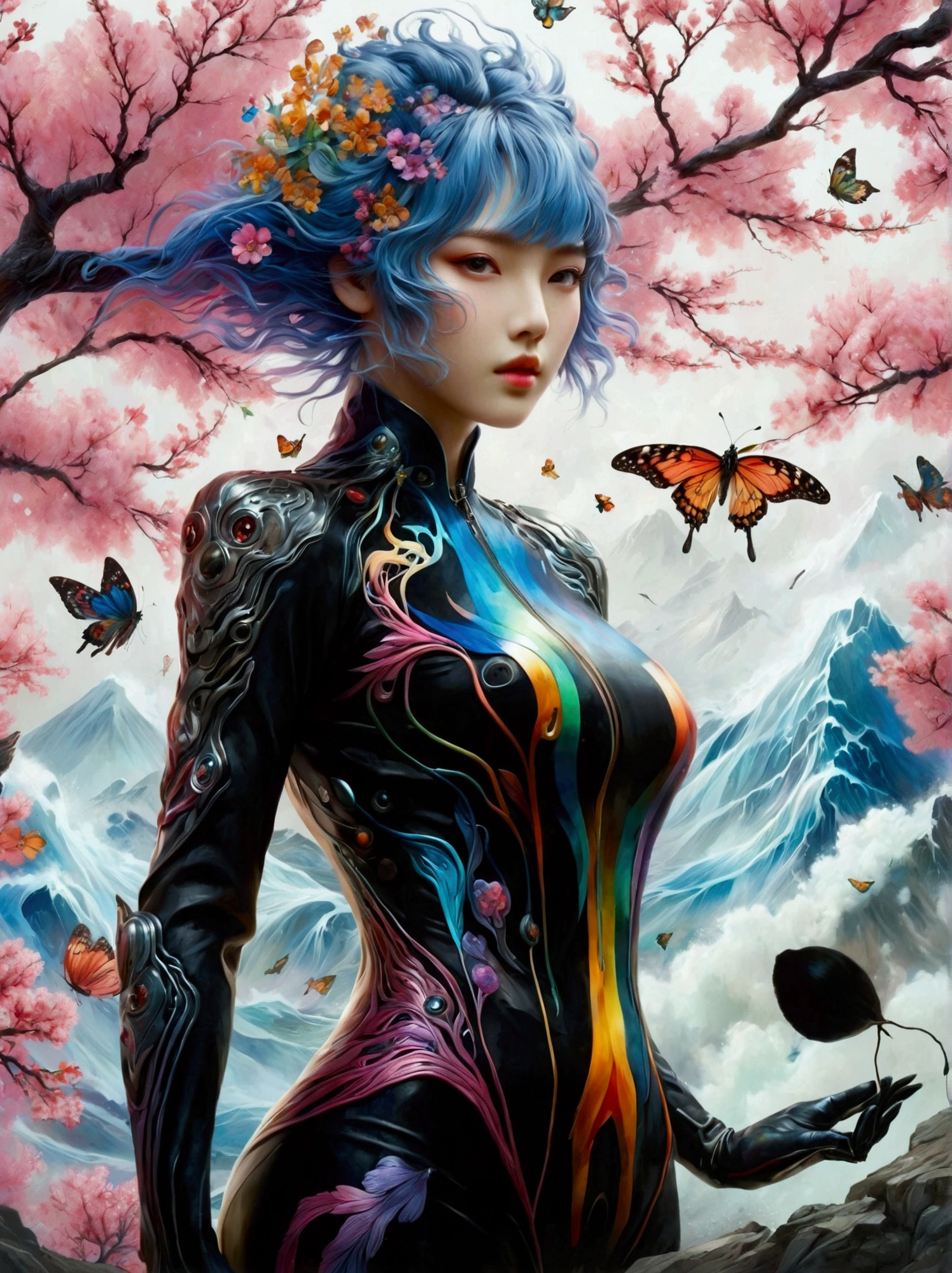 ((Imagine)),((whole body)),1 girl, Wearing a black cheongsam,Arms and Legs,手持电动步枪的Cyberpunk美女,Standing under a cherry tree with pink flowers in full bloom,(Mechanical ceramic high heels:1.5 ),Empty mountain motorcycle style oil painting,in the style of futuristic,Cyberpunk,High Detail, Top quality,Official Art,(Aesthetics and aesthetics:1.2),(Fractal Art:1.3),(Facial features of Korean girls:1.8),(Front view:1.9),(以广角镜头拍摄whole body的顶级摄影师作品:1.5),Looking at the audience,(Rainbow hair,Hair color,Half blue and half pink hair:1.2),masterpiece,Best quality,Anatomically correct,Textured Skin,Super Detail,8k,high resolution,Vibrant colors, Thick Line, wave, Multi-layer, prospect, view, fractal thunder dan mumford , Dan Mumford and Alex Grey Styles, Inspired by Cyril Rolando,Psychedelic Surreal Art, Surreal psychedelic design, Dream Art Style, Psychedelic Art, Infinite psychedelic waves