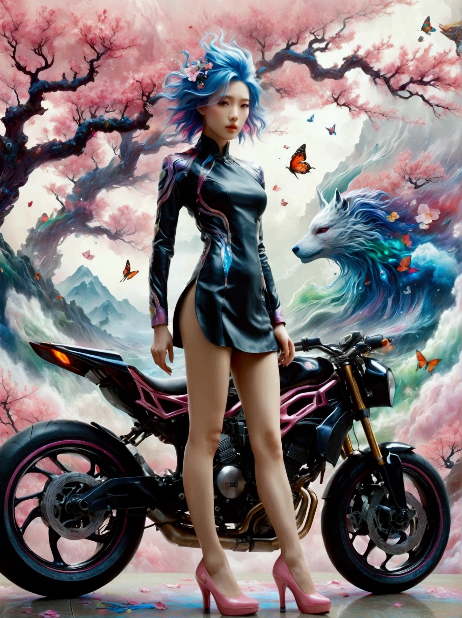 ((Imagine))，((whole body))，1 girl, Wearing a black cheongsam，Arms and Legs，手持电动步枪的Cyberpunk美女，Standing under a cherry tree with pink flowers in full bloom，（Mechanical ceramic high heels:1.5 ），Empty mountain motorcycle style oil painting，in the style of futuristic，Cyberpunk，High Detail, Top quality，Official Art，(Aesthetics and aesthetics:1.2)，(Fractal Art:1.3)，(Facial features of Korean girls:1.8)，(Front view:1.9)，(以广角镜头拍摄whole body的顶级摄影师作品:1.5)，Looking at the audience，(Rainbow hair，Hair color，Half blue and half pink hair:1.2)，masterpiece，Best quality，Anatomically correct，Textured Skin，Super Detail，8k，high resolution，Vibrant colors, Thick Line, wave, Multi-layer, prospect, view, fractal thunder dan mumford , Dan Mumford and Alex Grey Styles, Inspired by Cyril Rolando，Psychedelic Surreal Art, Surreal psychedelic design, Dream Art Style,  Psychedelic Art, Infinite psychedelic waves