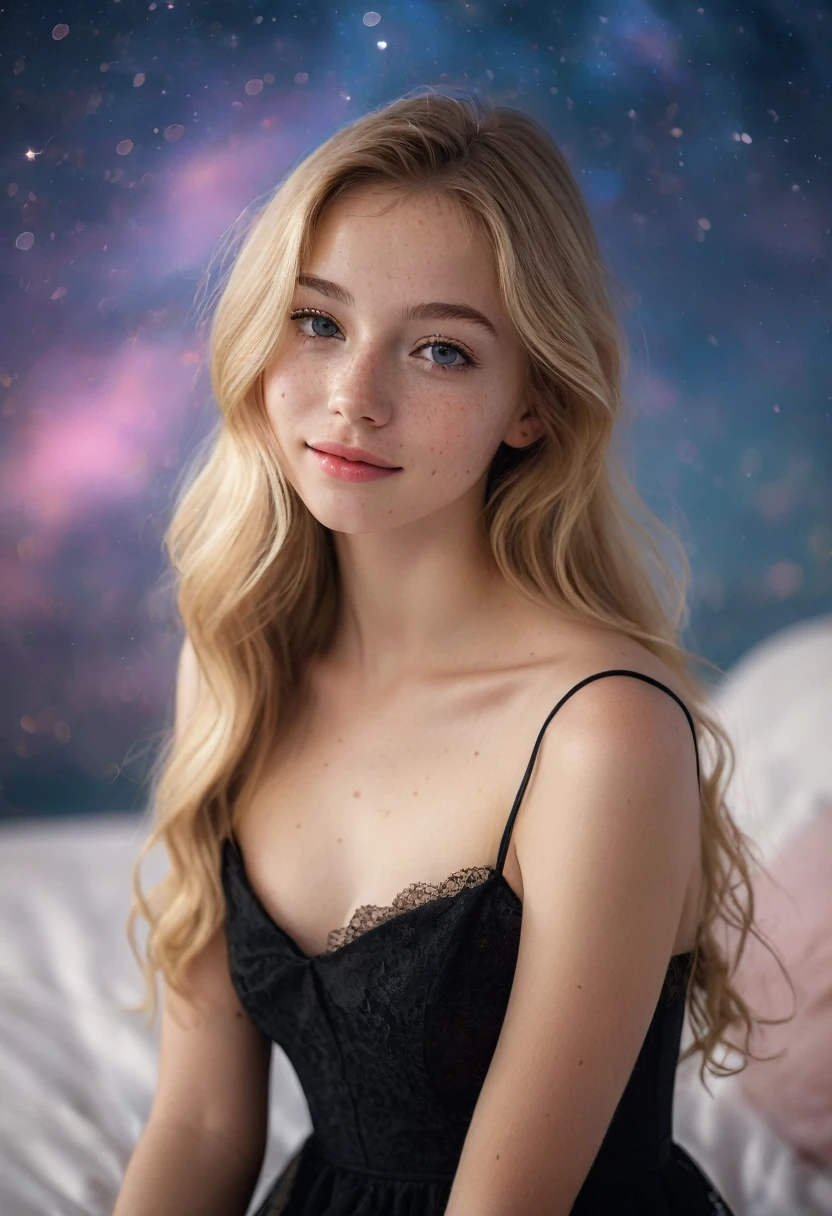 (masterpiece, high quality, night, Hidden Shot, Low profile), Close-up portrait, Solitary, Shallow freckles, close up, A lovely girl, Fair skin, Long hair, (European, Blonde hair, 24 years old:1.3), Sexy, Innocence, thigh, Smile, (淡淡的Smile:0.8), Whore atmosphere, in love, Simple black dress, epic night sky, Delicate natural skin texture, The gaze, Natural Lighting, Shallow depth of field, Romantic environment, Dreamy pastel tones, Peculiar details, Photographed in, National Foundation，full-body shot，