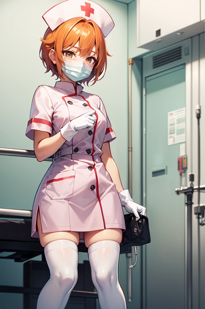 1girl, solo, nurse, nurse cap, white nurse uniform, ((white legwear, zettai ryouiki)), white gloves, very short hair, orange hair, ((white surgical mask, covered nose)), standing, ((hospital room)), sharp outline, short sleeves, tomboy, boyish, best quality, masterpiece