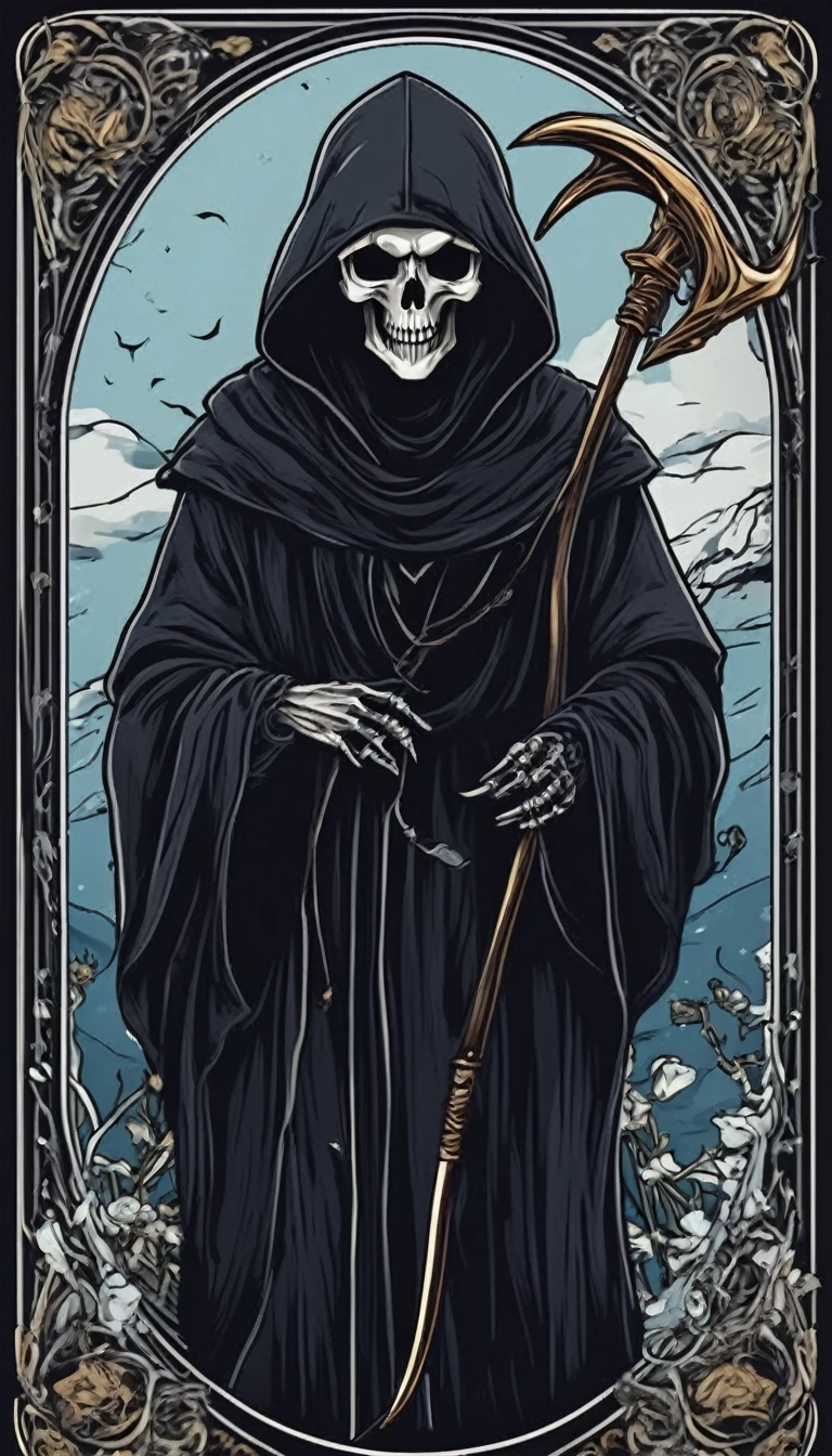 tarot cards,Grim Reaper with a scythe,Nordic style,church background,8k,high qualiy,work of art,Ultrathin