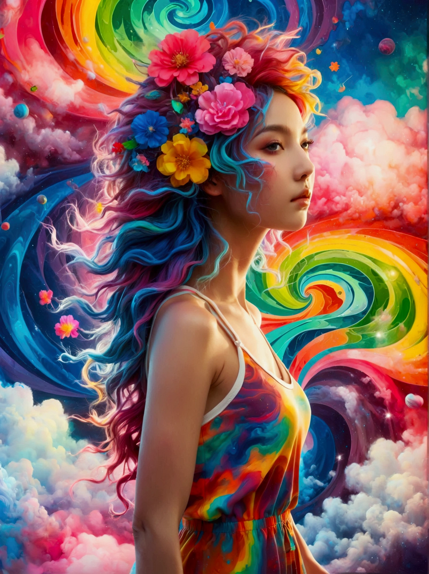 (Psychedelic painting of a beautiful girl standing in front of a colorful swirl:1.5), (Hip-hop pose:1.9)，Official Art，(Aesthetics and aesthetics:1.2)，(Fractal Art:1.3)，(Chinese girl&#39;s facial features，Extremely beautiful facial features:1.8)，Elegant dress，(Front view:1.9)，(Top photographers shoot full body shots with wide-angle lenses:1.5)，Looking at the audience，(Rainbow hair，Hair color，Half blue and half pink hair:1.2)，water，liquid，cloud，Bright colors，Like a star，masterpiece，Best quality，Anatomically correct，Textured Skin，Super Detail，8k，high resolution，Vibrant colors, Thick Line, wave, Multi-layer, prospect, view, fractal thunder dan mumford , Dan Mumford and Alex Grey Styles, Inspired by Cyril Rolando，Psychedelic Surreal Art, Surreal psychedelic design, Dream Art Style,  Psychedelic Art, Infinite psychedelic waves