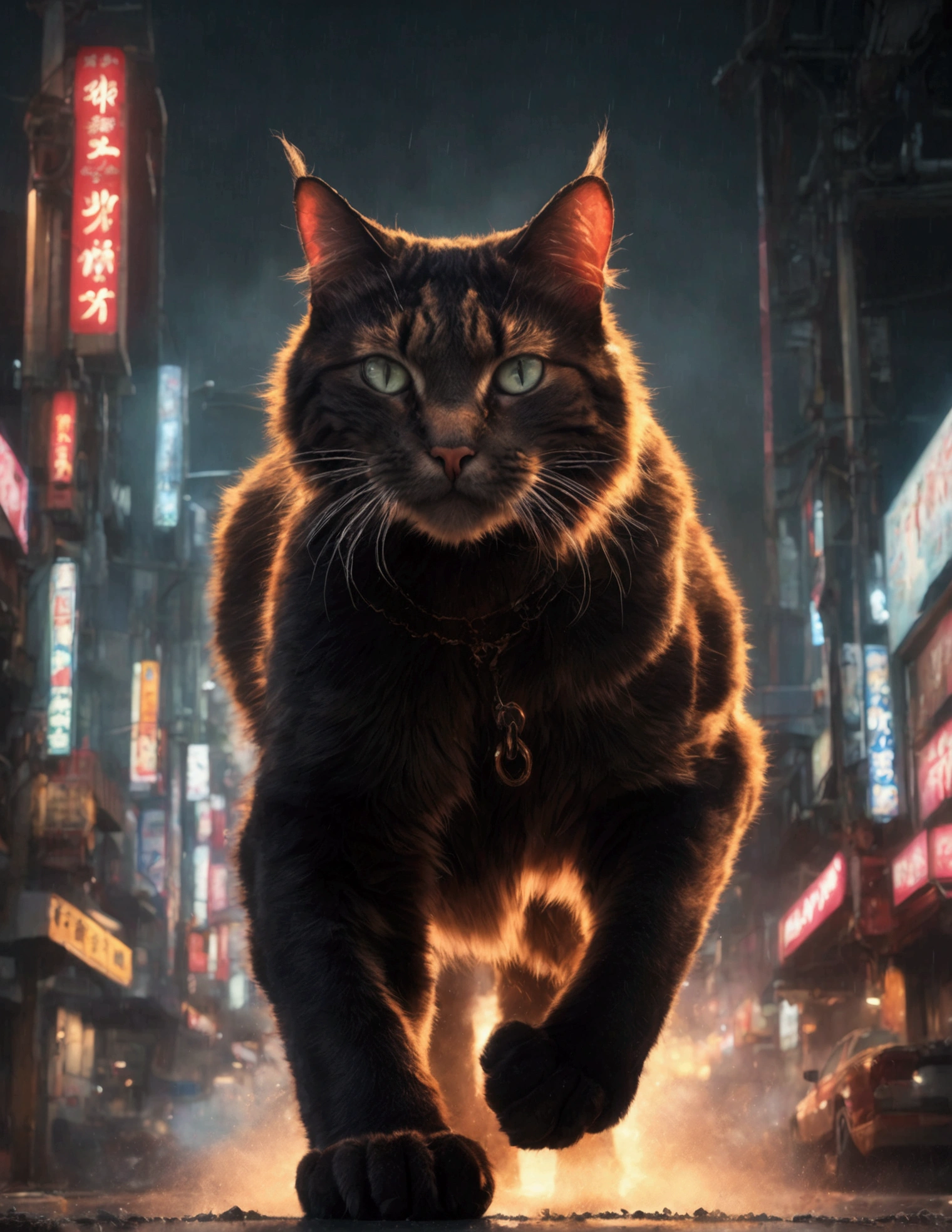 a gigantic cat rampaging in tokyo, battering tanks like toys, night scene, cinematic lighting, dramatic composition, highly detailed, hyper realistic, 8k, photorealistic, cinematic atmosphere, dark moody colors, neon lights, reflections in puddles, steam and smoke, sense of chaos and destruction, dramatic camera angle, ultra detailed fur and textures, piercing eyes, sharp fangs, massive claws, powerful muscles, 1 cat, dynamic pose