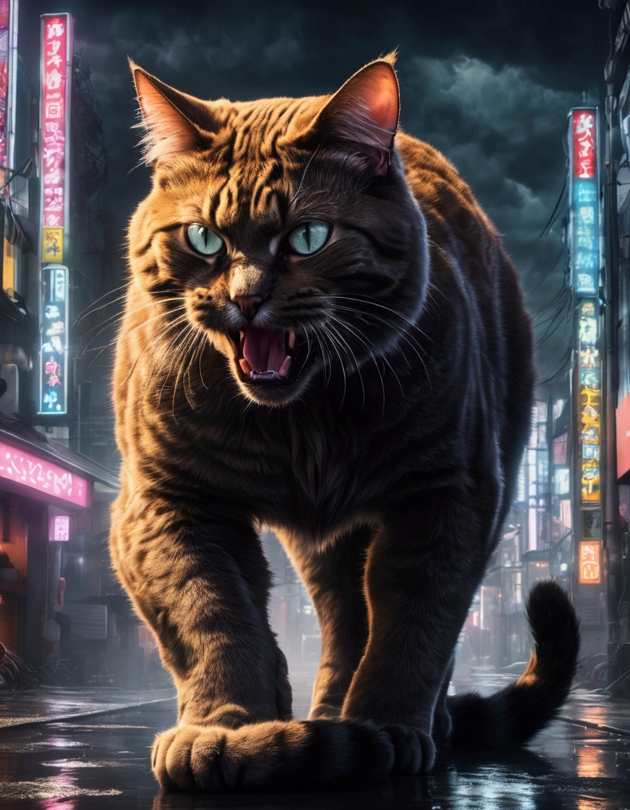 a gigantic cat rampaging in tokyo, battering tanks like toys, night scene, cinematic lighting, dramatic composition, highly detailed, hyper realistic, 8k, photorealistic, cinematic atmosphere, dark moody colors, neon lights, reflections in puddles, steam and smoke, sense of chaos and destruction, dramatic camera angle, ultra detailed fur and textures, piercing eyes, sharp fangs, massive claws, powerful muscles, 1 cat, dynamic pose