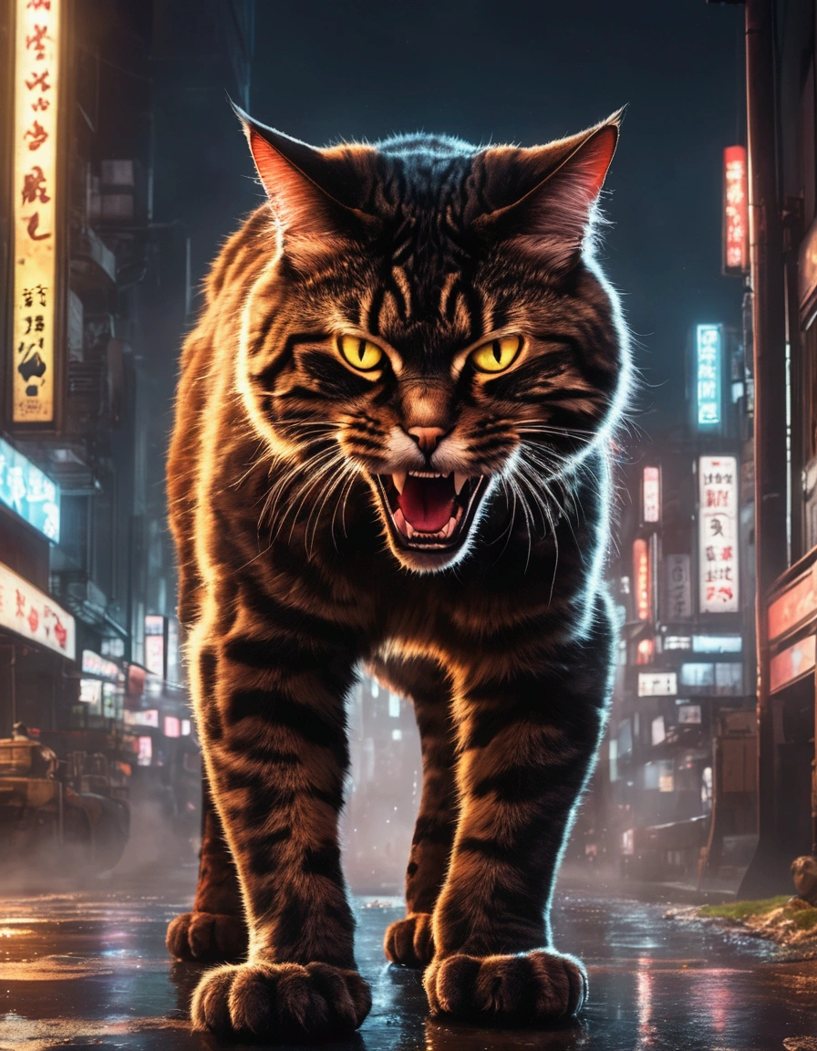 a gigantic cat rampaging in tokyo, battering tanks like toys, night scene, cinematic lighting, dramatic composition, highly detailed, hyper realistic, 8k, photorealistic, cinematic atmosphere, dark moody colors, neon lights, reflections in puddles, steam and smoke, sense of chaos and destruction, dramatic camera angle, ultra detailed fur and textures, piercing eyes, sharp fangs, massive claws, powerful muscles, 1 cat, dynamic pose