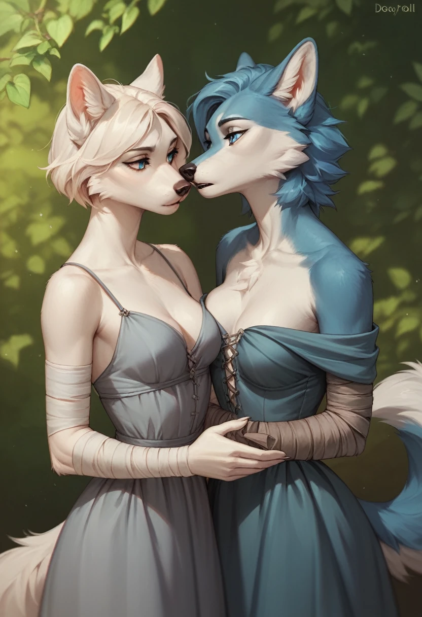Anthro, beautiful, (feminine:1.1), wolf-woman, docile, (white fur:1.2), short hair, white wolf ears, long snout,  bandaged arms, blue wolf eyes, plain medieval grey dress, breast fur, medium breasts