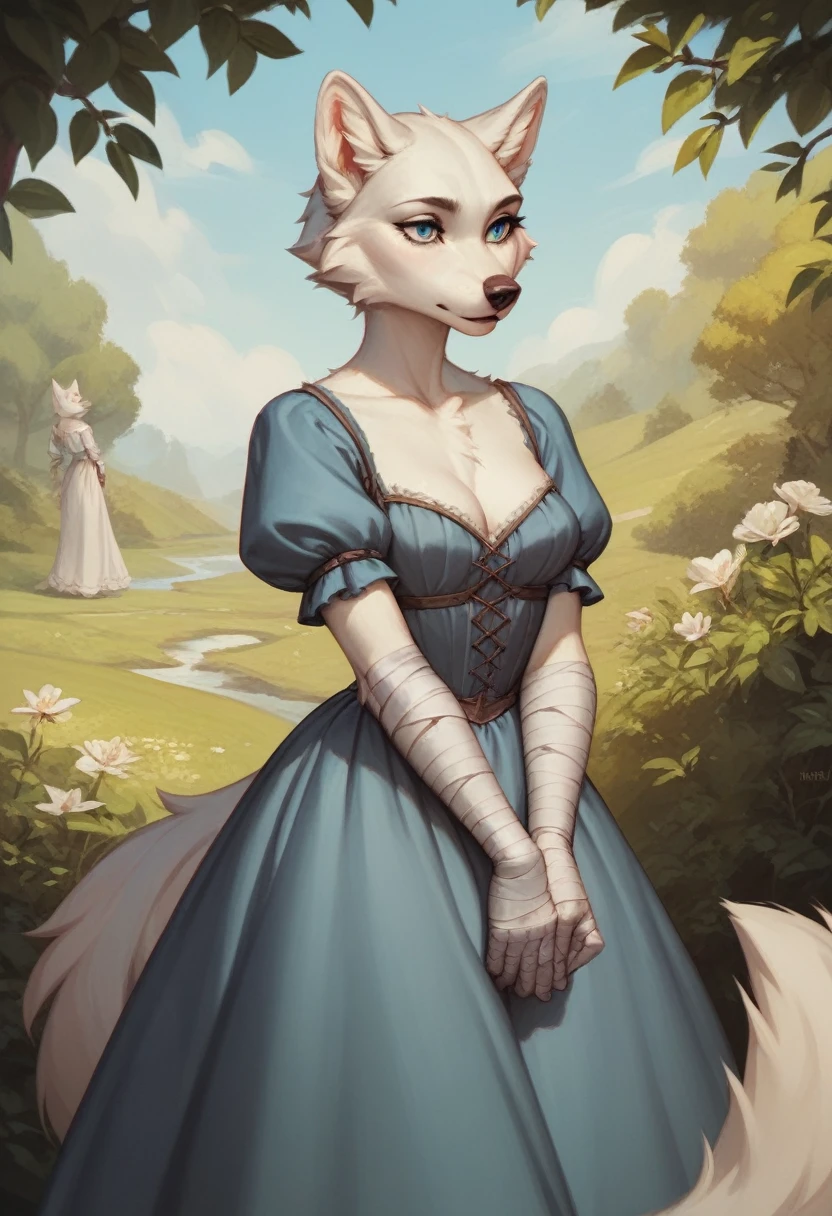 Anthro, beautiful, (feminine:1.1), wolf-woman, docile, (white fur:1.2), short hair, white wolf ears, long snout,  bandaged arms, blue wolf eyes, plain medieval grey dress, breast fur, medium breasts