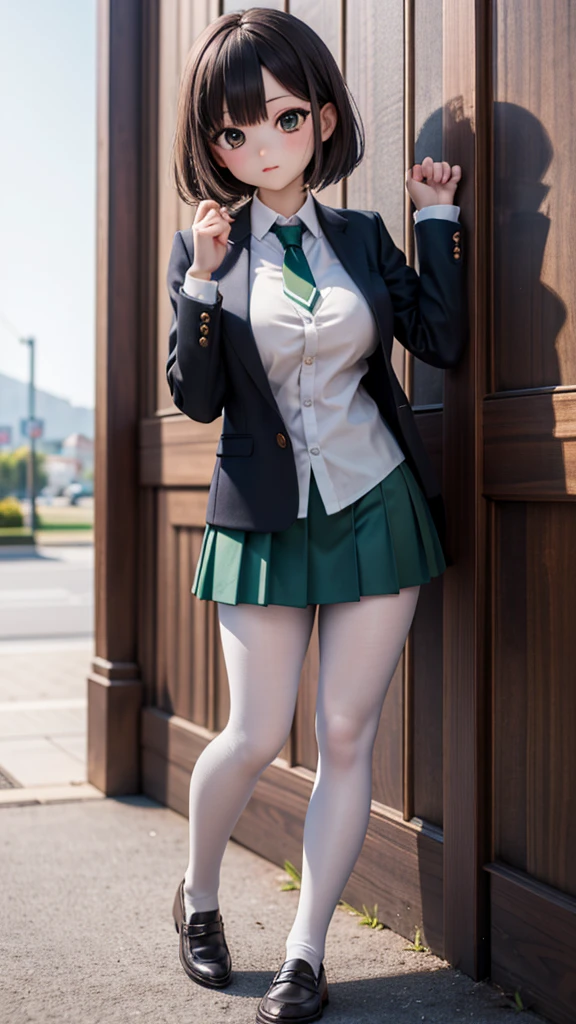 (masterpiece), Highest quality, High resolution, Very detailed, Detailed Background, Perfect lighting, Outdoor, One girl, Sakurada_Canada, Large Breasts,  Iris, Black Hair, White shirt, Green tie, loafers, pantyhose, Green Skirt, Black blazer, 