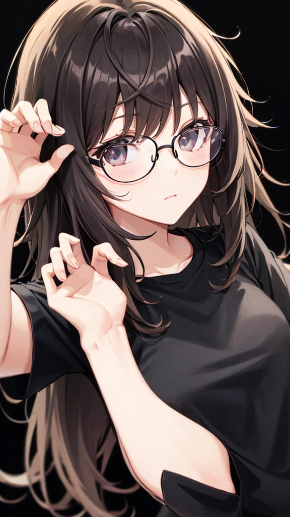 dark brown hair and face with glasses man black shirt and black pants and a black background