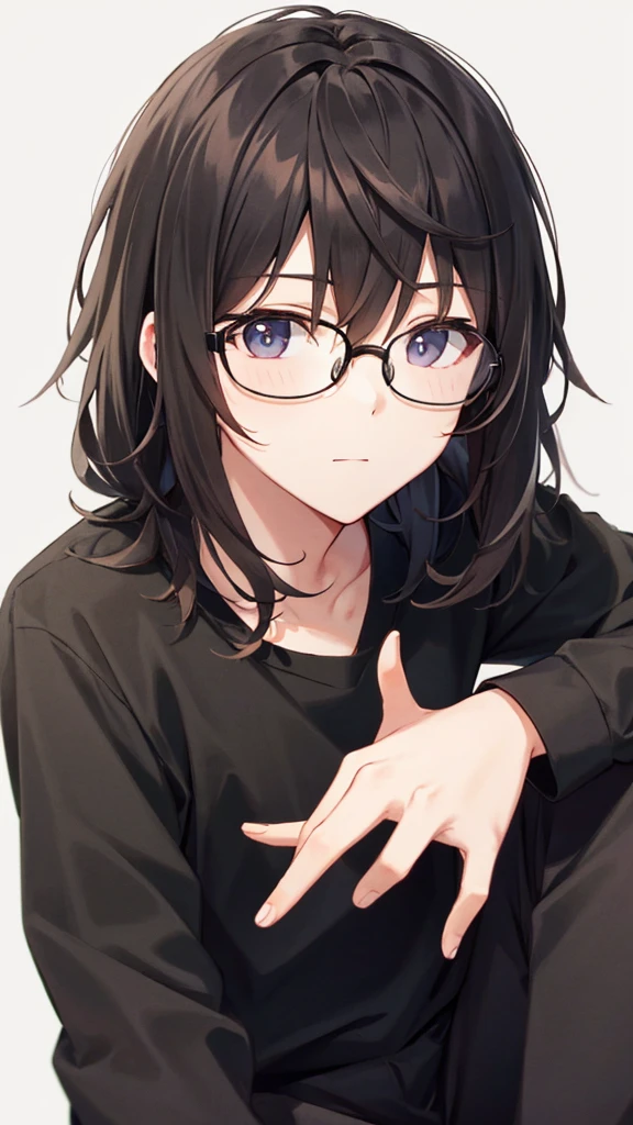 dark brown hair and face with glasses man black shirt and black pants and a black background